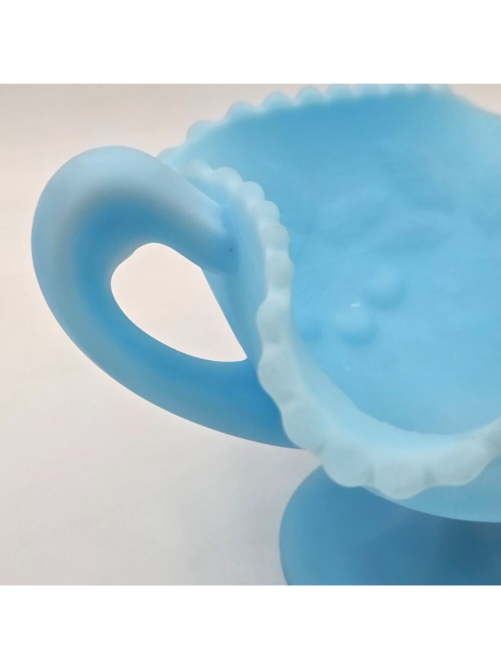 Fenton Three Fruits #8242 Handled Compote Satin Blue Milk Glass - Picture 4 of 9